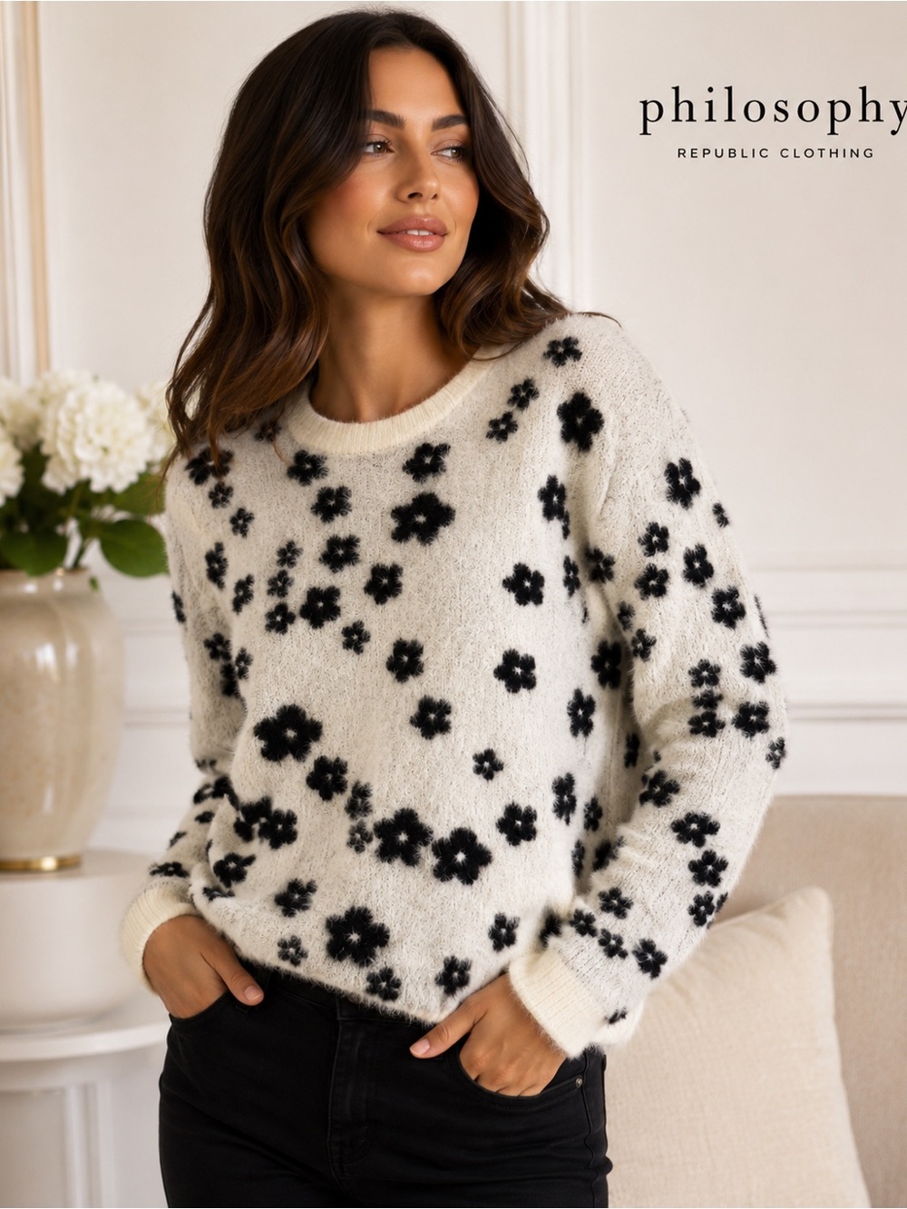 Philosophy Floral Sweater XL Cream Black Fuzzy Soft Cozy Chic Crewneck Knit C7
